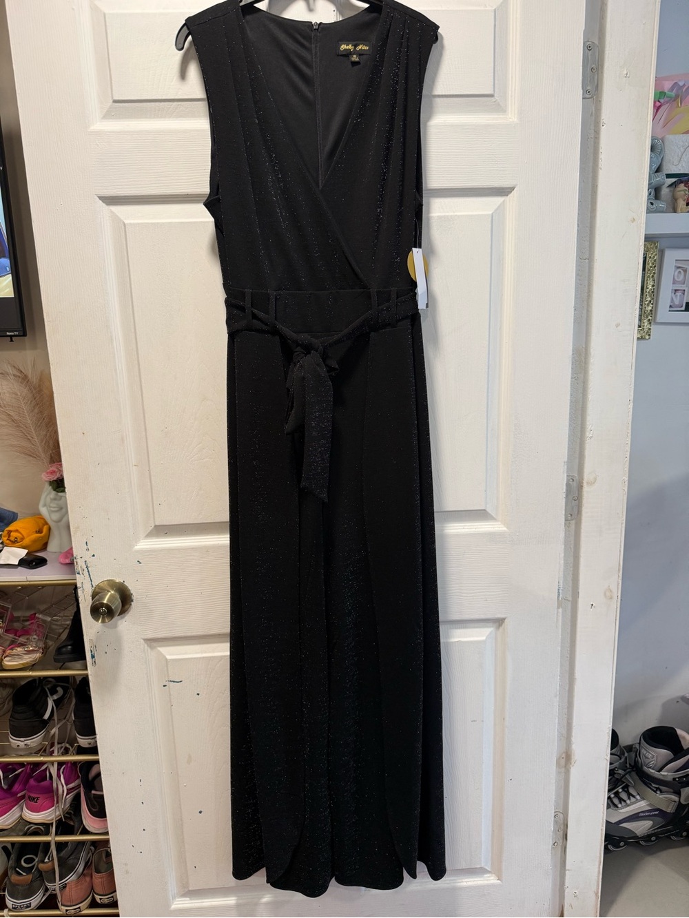Sleeveless Black Glitter Jumpsuit with Tie Waist